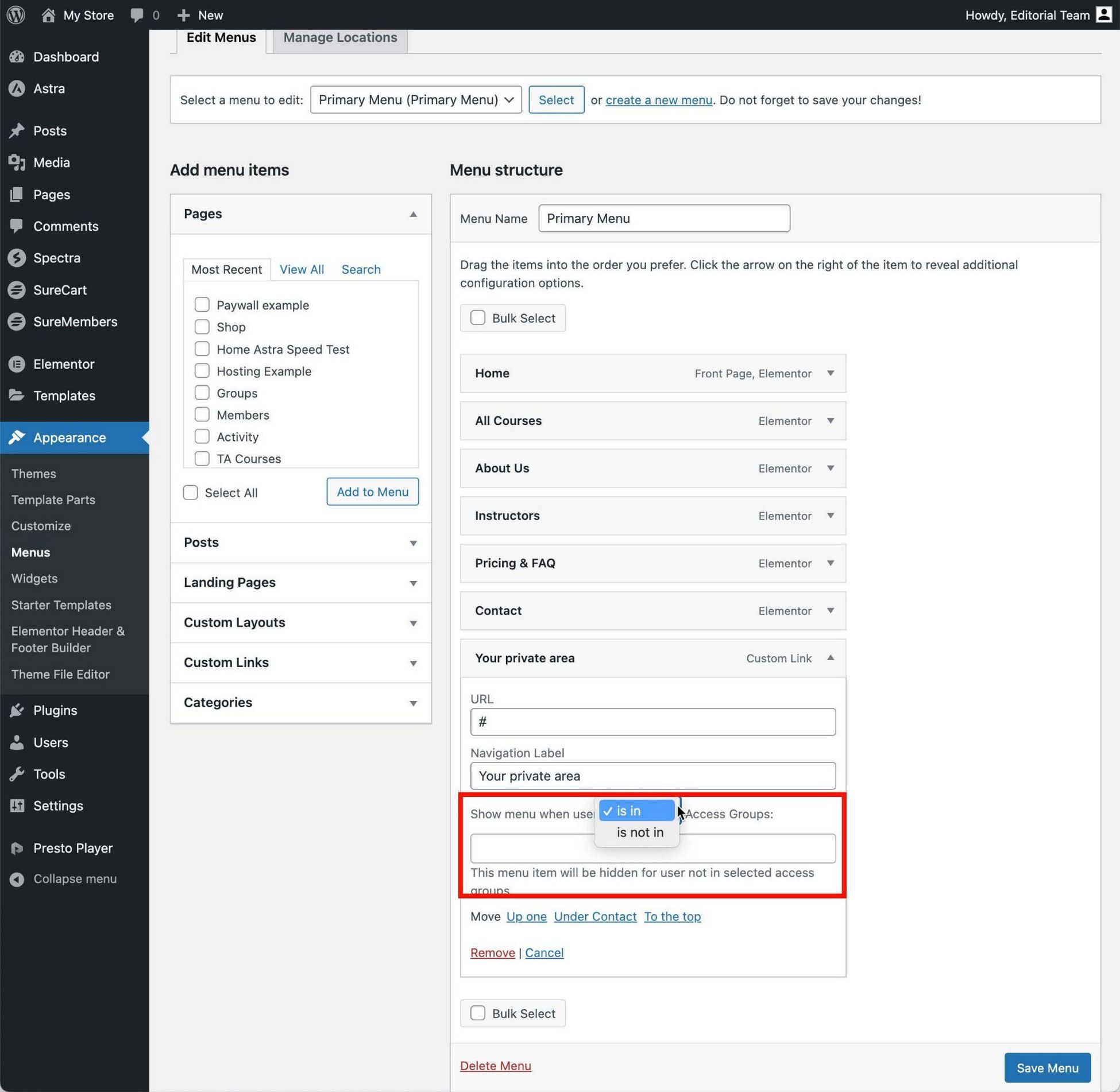 Custom menu SureMembers